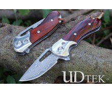 Red sandalwood Damascus steel blade folding pocket hunting knife UD407695